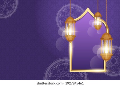 Ramadan Kareem greeting card decorated with arabic lanterns, crescent moon and calligraphy inscription which means ''Ramadan Kareem'' on purple background. Realistic style. Vector Illustration