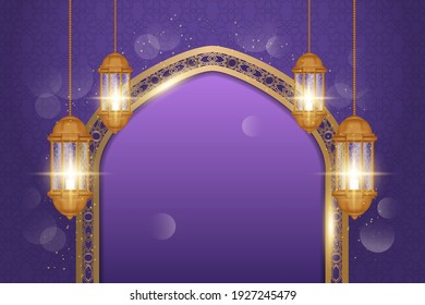 Ramadan Kareem greeting card decorated with arabic lanterns, crescent moon and calligraphy inscription which means ''Ramadan Kareem'' on purple background. Realistic style. Vector Illustration