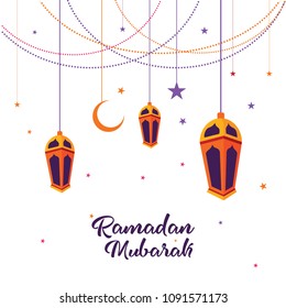 Ramadan Kareem Greeting Card design with lantern, half moon, and star vector Illustration. Ramadan Mubarak Greeting Card Background. Happy Eid Mubarak.