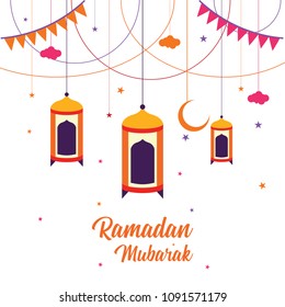 Ramadan Kareem Greeting Card design with lantern, half moon, and star vector Illustration. Ramadan Mubarak Greeting Card Background. Happy Eid Mubarak.