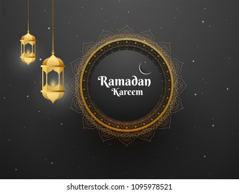 Ramadan Kareem greeting card design with hanging lanterns on grey background. 