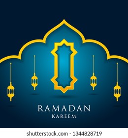 Ramadan kareem greeting card design. with arabic lanterns, golden ornate crescent and mosque dome. on blue background, EPS 10 - vector, Jpeg High Resolution 300 DPI