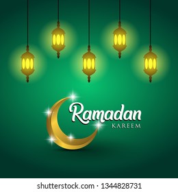 Ramadan kareem greeting card design. with arabic lanterns and golden ornate crescent. on green background, EPS 10 - vector, Jpeg High Resolution 300 DPI