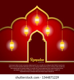 Ramadan kareem greeting card design. with arabic lanterns, and mosque dome. on red background, EPS 10 - vector, Jpeg High Resolution 300 DPI