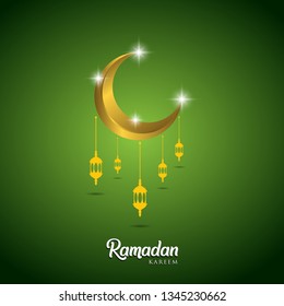 Ramadan kareem greeting card design. with arabic lanterns and golden ornate crescent. on green background, EPS 10 - vector, Jpeg High Resolution 300 DPI