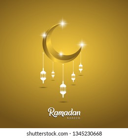 Ramadan kareem greeting card design. with arabic lanterns and golden ornate crescent. on golden background, EPS 10 - vector, Jpeg High Resolution 300 DPI