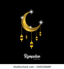 Ramadan kareem greeting card design. with arabic lanterns and golden ornate crescent. on black background, EPS 10 - vector, Jpeg High Resolution 300 DPI