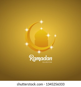 Ramadan kareem greeting card design with mosque dome and golden ornate crescent, on golden background, EPS 10 - vector, Jpeg High Resolution 300 DPI