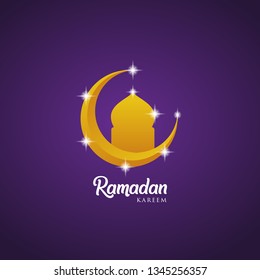 Ramadan kareem greeting card design with mosque dome and golden ornate crescent, on purple background, EPS 10 - vector, Jpeg High Resolution 300 DPI