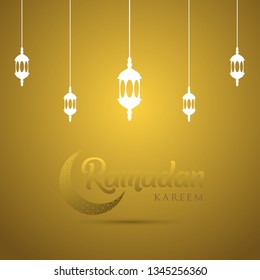 Ramadan kareem greeting card design. with arabic lanterns and golden ornate crescent. on golden background, EPS 10 - vector, Jpeg High Resolution 300 DPI