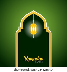 Ramadan kareem greeting card design. with arabic lanterns, golden ornate crescent and mosque dome. on green background, EPS 10 - vector, Jpeg High Resolution 300 DPI