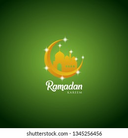 Ramadan kareem greeting card design with mosque dome and golden ornate crescent, on green background, EPS 10 - vector, Jpeg High Resolution 300 DPI