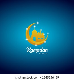 Ramadan kareem greeting card design with mosque dome and golden ornate crescent, on blue background, EPS 10 - vector, Jpeg High Resolution 300 DPI