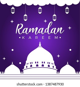 Ramadan Kareem greeting card design islamic. Madina mosque silhouette on violet background