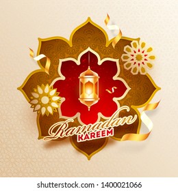 Ramadan Kareem greeting card design with hanging illuminated lantern on paper cut mandala pattern.