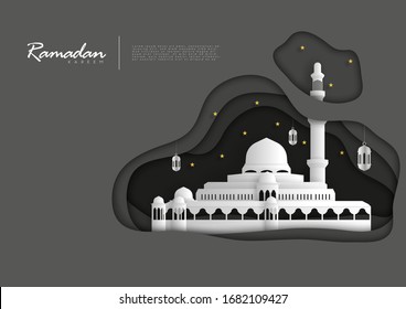 Ramadan Kareem greeting card design, an invitation for Muslim's holy month. Paper cut art concept, a mosque, hanging arabic lanterns and stars with sample text. Vector illustration.