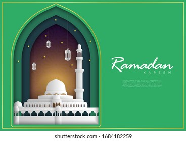 Ramadan Kareem greeting card design, an invitation for Muslim's holy month. Paper cut art concept, a mosque, hanging arabic lanterns and stars with sample text. Vector illustration.