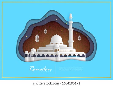 Ramadan Kareem greeting card design, an invitation for Muslim's holy month. Paper cut art concept, a mosque, hanging arabic lanterns and stars with sample text. Vector illustration.