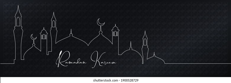 Ramadan Kareem greeting card design. Elegant and minimalist concept, with dark background and gold subjects or elements. Banner or panoramic format. Vector illustration