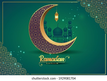 Ramadan Kareem greeting card design with half moon and mosque on green background. Hanging Lamps. vector illustration design