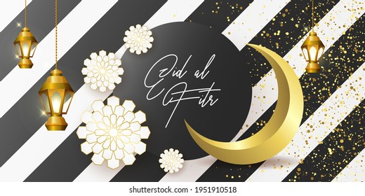 Ramadan kareem greeting card design template for invitation, banner, poster with lamp, crescent, calligraphy. Realistic vector illustration eid al fitr (Feast of Breaking the Fast). Eid Mubarak