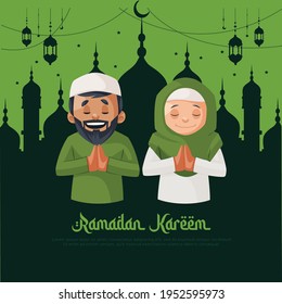 Ramadan Kareem greeting card design with Muslim couple.