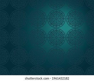 Ramadan Kareem greeting card design with half moon and mosque on green background. Hanging Lamps. vector illustration design