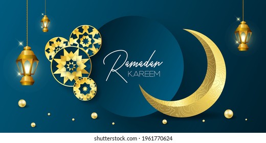 Ramadan kareem greeting card design template for invitation, banner, poster with lamp, crescent, calligraphy. Realistic vector illustration eid al fitr (Feast of Breaking the Fast). Eid Mubarak. Hijri