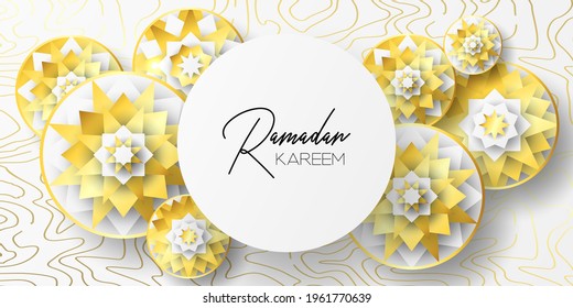 Ramadan kareem greeting card design template for invitation, banner, poster with lamp, crescent, calligraphy. Realistic vector illustration eid al fitr (Feast of Breaking the Fast). Eid Mubarak. Hijri