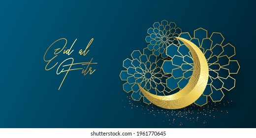 Ramadan kareem greeting card design template for invitation, banner, poster with lamp, crescent, calligraphy. Realistic vector illustration eid al fitr (Feast of Breaking the Fast). Eid Mubarak. Hijri