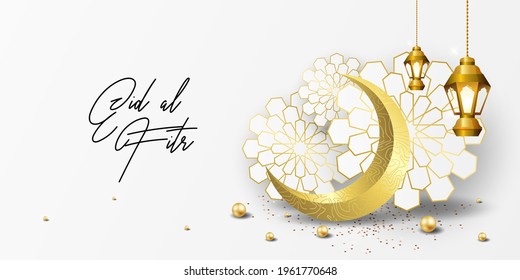 Ramadan kareem greeting card design template for invitation, banner, poster with lamp, crescent, calligraphy. Realistic vector illustration eid al fitr (Feast of Breaking the Fast). Eid Mubarak. Hijri