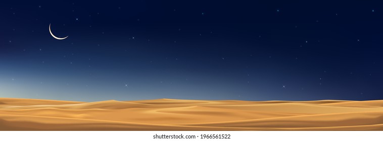 Ramadan Kareem greeting card design background with desert landscape sand dunes,Crescent moon,star dark blue at night,Vector Islamic religions symbolic of Islam or Muslim for Eid Mubarak,Eid al fitr