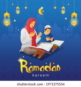 Ramadan Kareem greeting card design. Praying woman and her son after they read the holy Quran