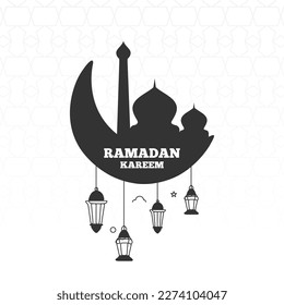 Ramadan Kareem greeting card design with mosque and lamps
