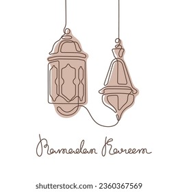 Ramadan Kareem greeting card design. Islamic lanterns continuous line colourful vector illustration.