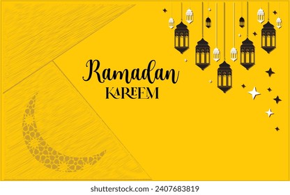 Ramadan Kareem Greeting Card design for Islamic New Year background with star crescent lights and half moon decorative elements