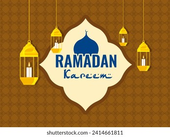 Ramadan Kareem Greeting Card Design with Hanging Illuminated Lamps Decorated on Dark Mustard Islamic Pattern Background.