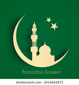 Ramadan Kareem Greeting Card Design with Paper Style Crescent Moon, Mosque and Stars on Green Background. 