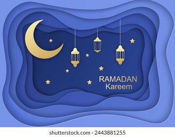 Ramadan Kareem Greeting Card, design with 3d paper cut Symbols of Ramadan Mubarak, Hanging Gold Lanterns, arabic lamps, star, Paper art vector and illustration