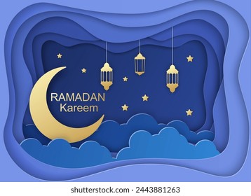 Ramadan Kareem Greeting Card, design with 3d paper cut Symbols of Ramadan Mubarak, Hanging Gold Lanterns, arabic lamps, star, Paper art vector and illustration