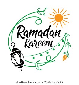 Ramadan Kareem Greeting Card Design with Lantern and Floral Elements