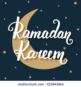 Ramadan Kareem greeting card design template with modern calligraphy, golden moon on blue background in vintage style with small stars. Handwritten lettering. Hand drawn design elements. 