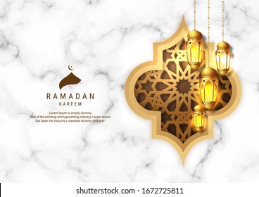 Ramadan Kareem greeting card design.Ramadan lanterns on marble background.  Islamic celebration. 
