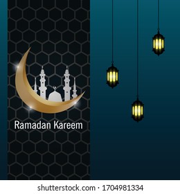 Ramadan kareem greeting card designs with moon, mosque, lanterns, and dark blue background