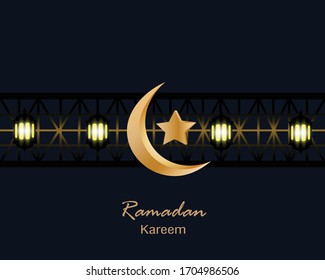 Ramadan kareem greeting card designs with moon, lanterns, stars, and dark blue background