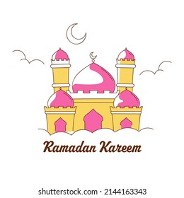 Ramadan Kareem Greeting Card With Doodle Mosque, Crescent Moon On White Background.