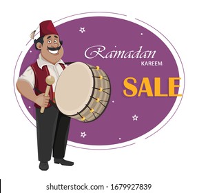 Ramadan Kareem greeting card. Ramadan drummer. Cheerful cartoon character with drum. Vector illustration