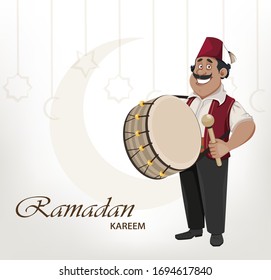 Ramadan Kareem greeting card. Ramadan drummer. Cheerful cartoon character with drum. Vector illustration for holy month