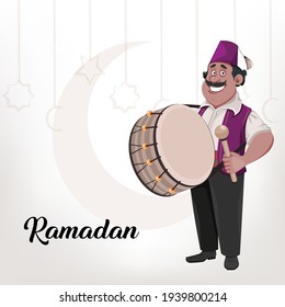 Ramadan Kareem Greeting Card. Ramadan Drummer. Cheerful Cartoon Character With Drum. Vector Illustration For Holy Month