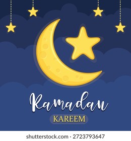 Tarjeta de felicitación del kareem del ramadán. Vector de la ilustración de la historieta del saludo de eid mubarak. luna y estrella ramadan